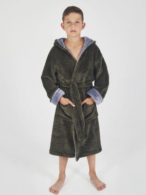 Дитячий махровий халат для хлопчика з капюшоном на запах 6150 хакі / сірий