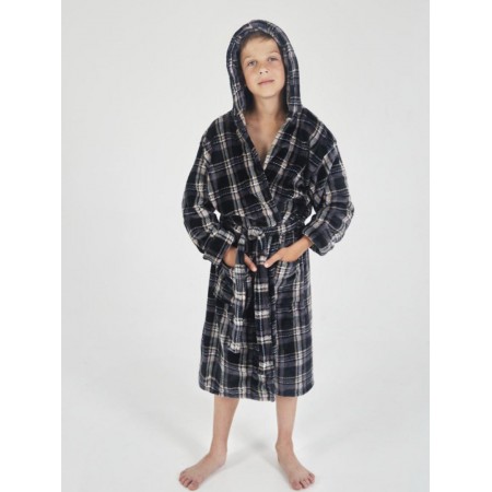 Дитячий махровий халат для хлопчика з капюшоном на запах 6154 чорна клітинка