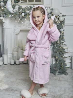 Детский теплый махровый халат для девочки с капюшоном на запах 6178-1150 Пудра