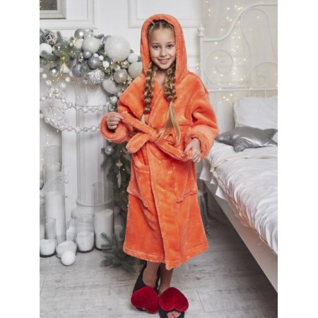 Детский теплый махровый халат для девочки с капюшоном на запах 6179-1150 Персиковый