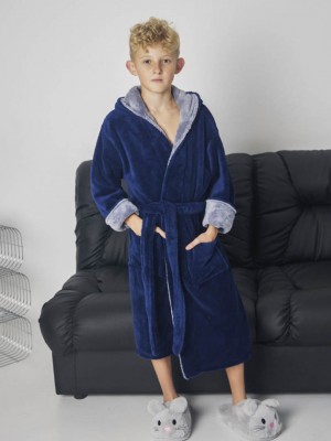 Дитячий махровий халат для хлопчика з капюшоном на запах 6193-4000 Синій / сірий