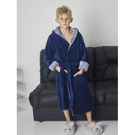 Детский махровый халат для мальчика с капюшоном на запах 6193-4000 Синий / серый
