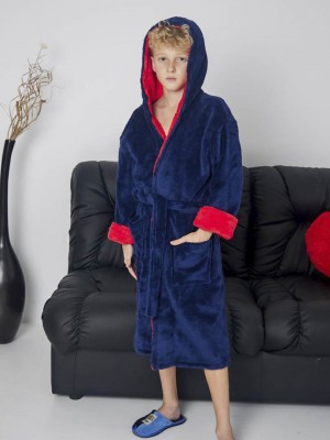 Детский махровый халат для мальчика с капюшоном на запах 7358-4000 Синий / красный
