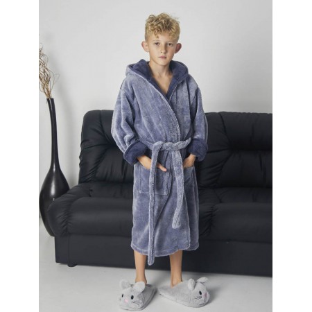Детский махровый халат для мальчика с капюшоном на запах 7361-4000 Серый / графит