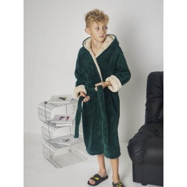 Детский махровый халат для мальчика с капюшоном на запах 7362-4000 Изумруд / капучино