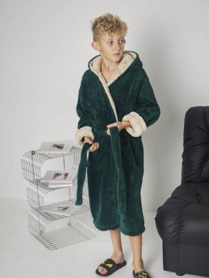 Детский махровый халат для мальчика с капюшоном на запах 7362-4000 Изумруд / капучино