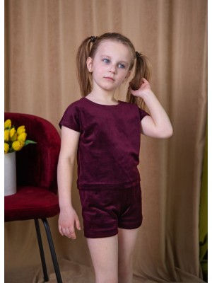 Дитячий велюровий костюм для дівчинки футболка з шортами 5319 бордовий