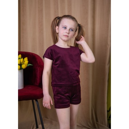 Дитяча піжама велюровий костюм для дівчинки футболка з шортами 5319-302 Бордова