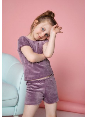 Дитячий велюровий костюм для дівчинки футболка з шортами 5322 лаванда