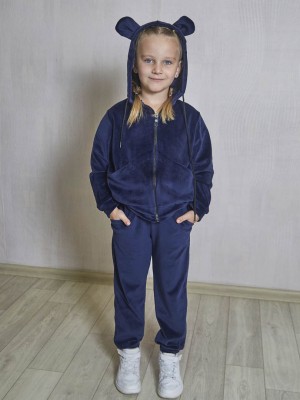 Детский спортивный велюровый костюм на молнии с ушками для девочки 6254-303 Королевский синий