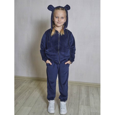 Дитячий спортивний велюровий костюм на блискавці з вушками для дівчинки 6254-303 Королівський синій