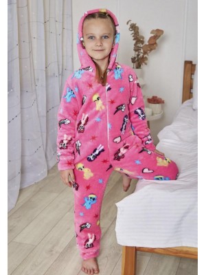 Теплая детская махровая пижама для девочки на молнии Кигуруми 6187-9000 Розовая с принтом пони