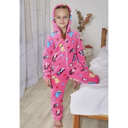 Теплая детская махровая пижама для девочки на молнии Кигуруми 6187-9000 Розовая с принтом пони