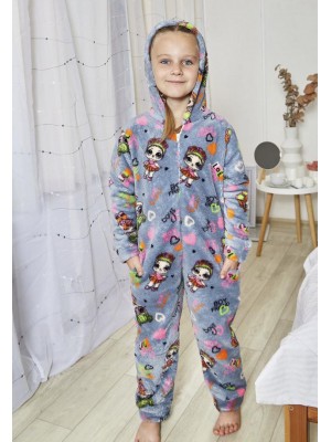 Тепла дитяча махрова піжама для дівчинки на блискавці Кігурумі 6188-9000 Сіра з принтом Лола 
