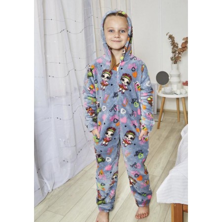 Теплая детская махровая пижама для девочки на молнии Кигуруми 6188-9000 Серая с принтом Лола 