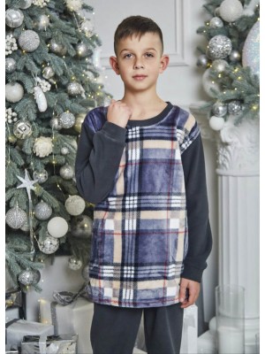 Детская пижама домашний флисовый костюм для мальчика 7363-304 Штаны графит / Реглан клетка