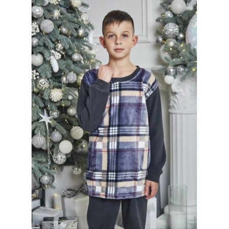 Дитяча піжама домашній флісовий костюм для хлопчика 7363-304 Штани графіт / Реглан клітинка