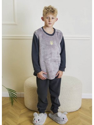 Дитяча піжама домашній флісовий костюм для хлопчика 7364-304 Штани графіт / Реглан сірий з Тризубом