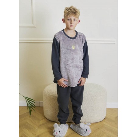 Детская пижама домашний флисовый костюм для мальчика 7364-304 Штаны графит / Реглан серый с Тризубцем