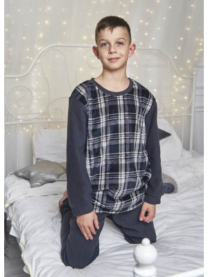 Дитяча піжама домашній флісовий костюм для хлопчика 7365-304 Штани графіт / Реглан чорна клітинка