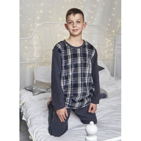 Детская пижама домашний флисовый костюм для мальчика 7365-304 Штаны графит / Реглан черная клетка