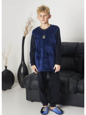 Детская пижама домашний флисовый костюм для мальчика 7366-304 Темно-синие штаны и реглан с Тризубцем