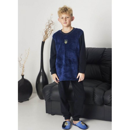 Дитяча піжама домашній флісовий костюм для хлопчика 7366-304 Темно-сині штани і реглан з Тризубом