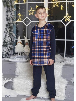 Детская пижама домашний флисовый костюм для мальчика 7367-304 Темно-синие штаны / Реглан клетка