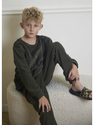 Детская пижама домашний флисовый костюм для мальчика 7368-304 Хаки штаны и реглан с Тризубцем