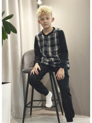 Детская пижама домашний флисовый костюм для мальчика 7370-304 Черные штаны / Реглан клетка