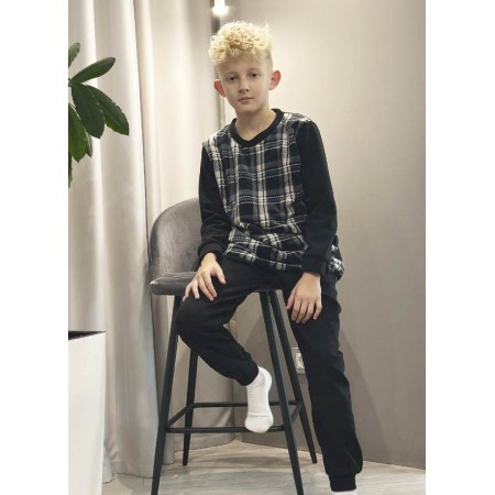 Дитяча піжама домашній флісовий костюм для хлопчика 7370-304 Чорні штани / Реглан клітинка